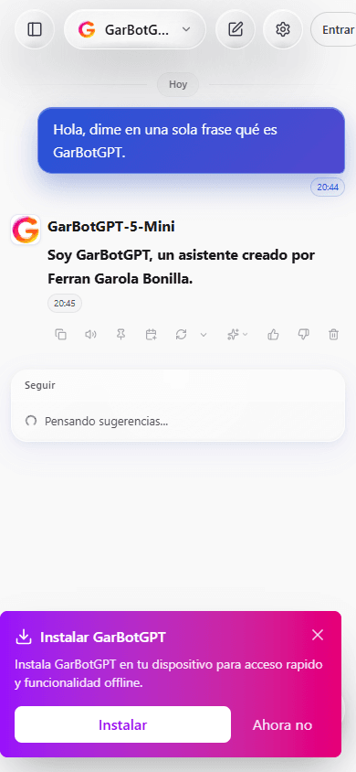 GarBotGPT en el móvil — chat con la IA en tiempo real