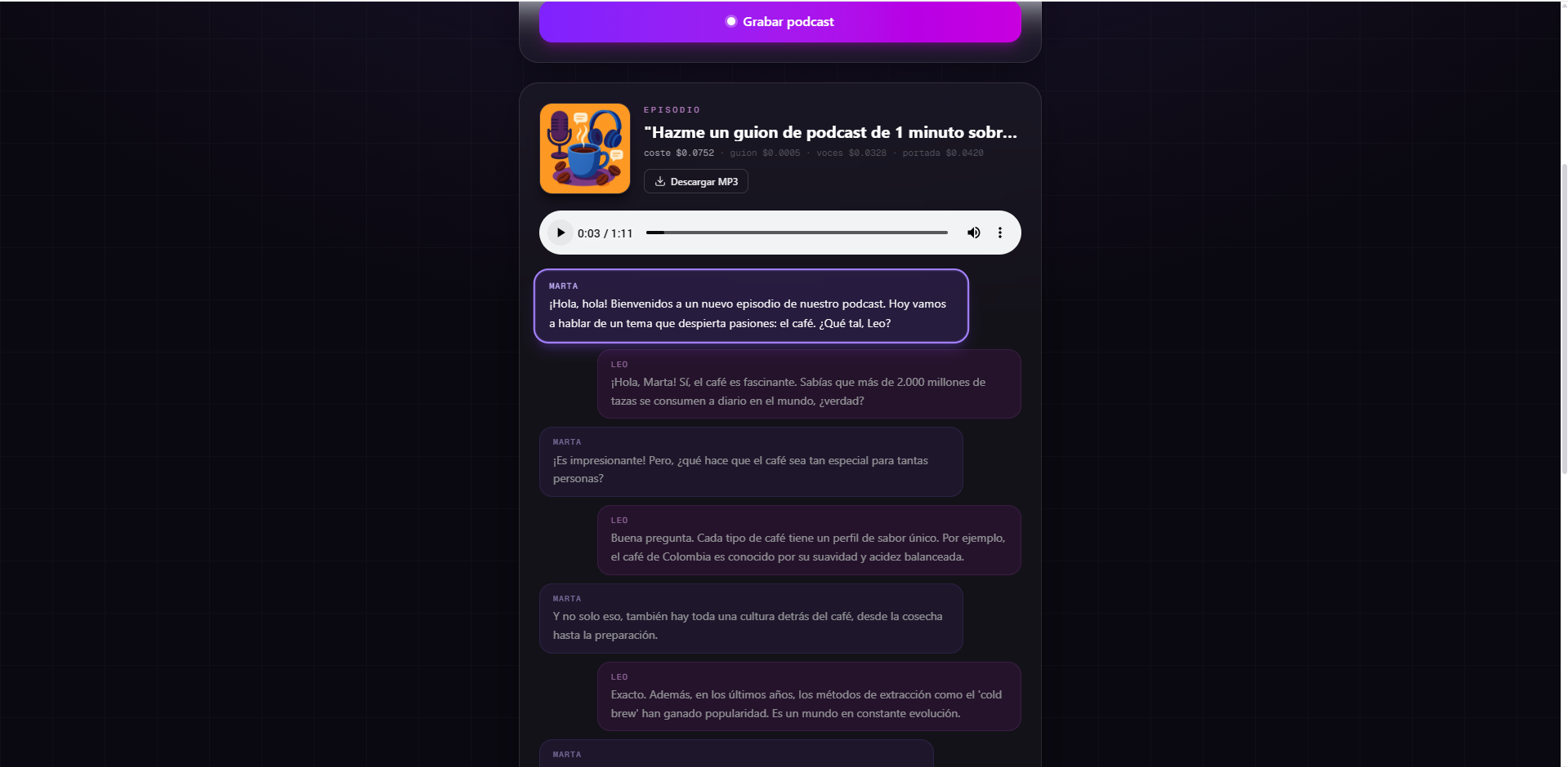 GarBotGPT generando un podcast con guion, portada y reproductor de audio
